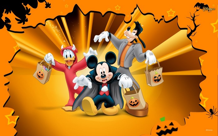 Mickey Mouse, Donald Duck, and Goofy in Halloween costumes