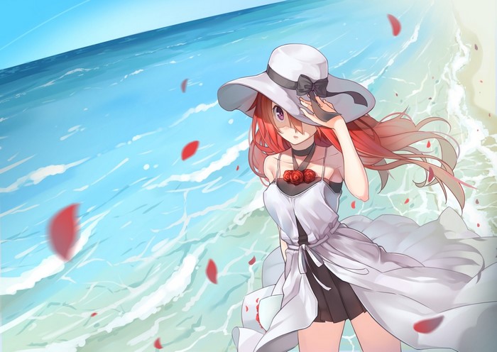 Anime girl with red hair and a white dress on the beach