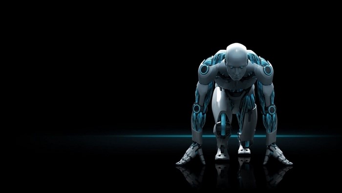 Robot in a starting position on a black background