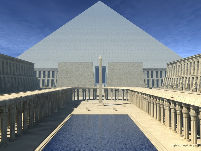 Ancient Egyptian Pyramid Complex with Obelisk and Pool