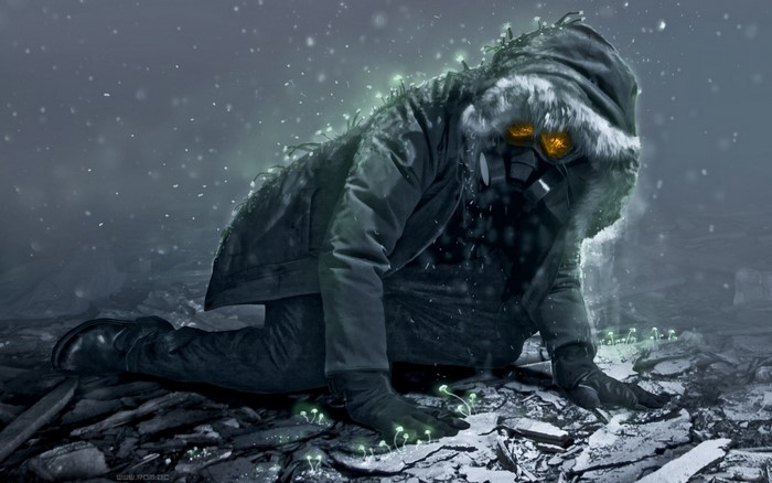 Man in gas mask and fur-lined hood in snowy ruins