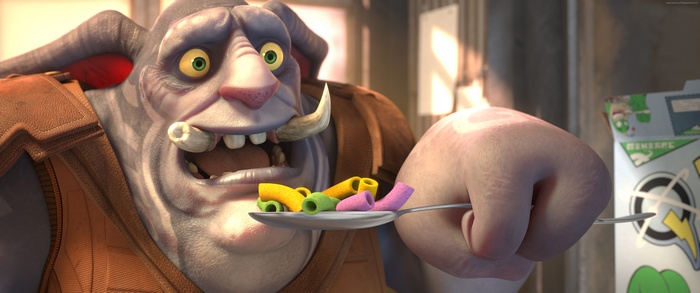 Ratchet & Clank character eating colorful pasta