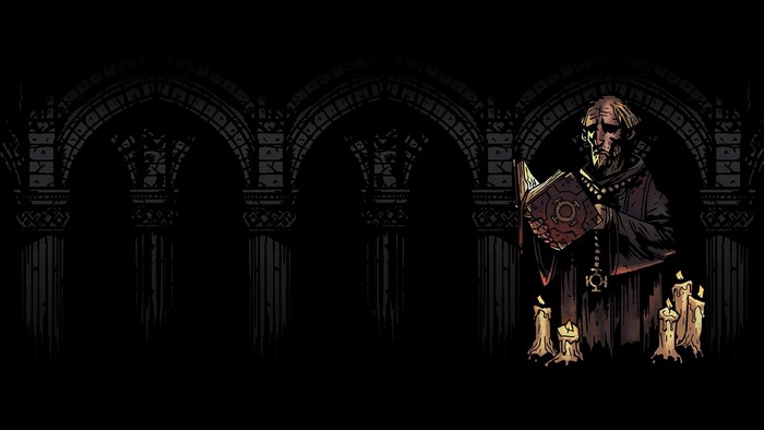 Darkest Dungeon monk reading a book with candles