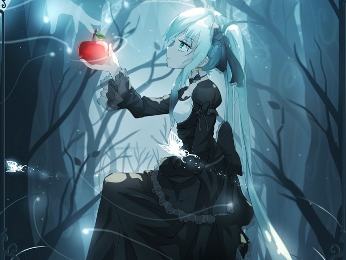 Hatsune Miku holding an apple in a dark forest