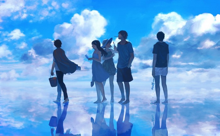 Anime characters standing on a reflective surface under a cloudy sky