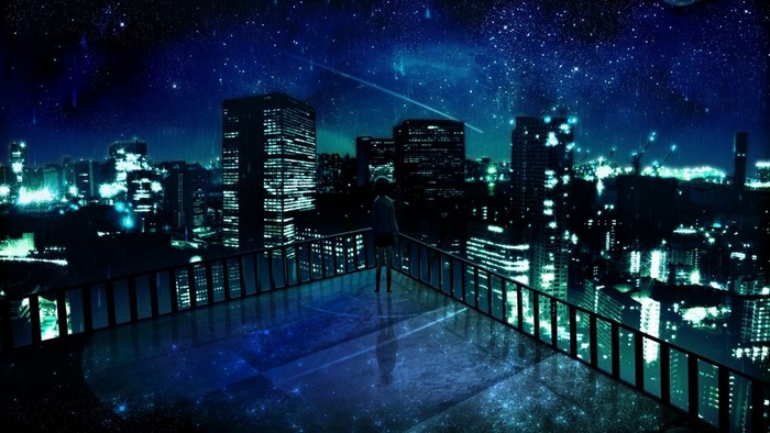 Girl on a rooftop overlooking a neon city at night