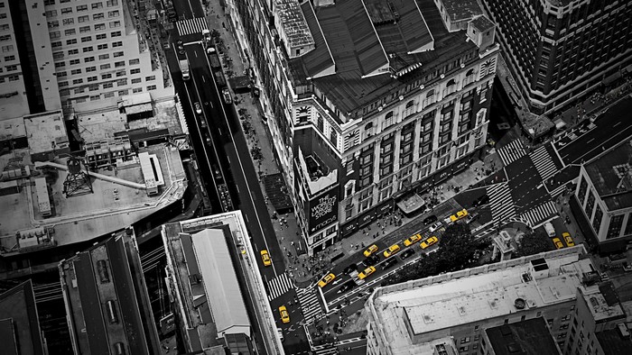 Aerial view of New York City street with yellow taxis