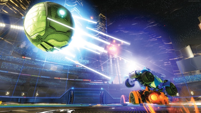 Rocket League cars playing soccer in a stadium