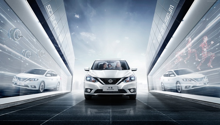 Nissan Sylphy sedan in a futuristic display