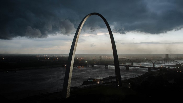Gateway Arch over Mississippi River during storm