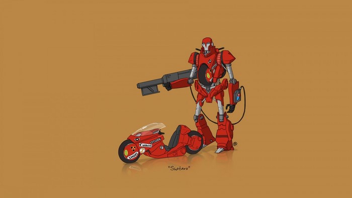 Red robot with a gun and a motorcycle