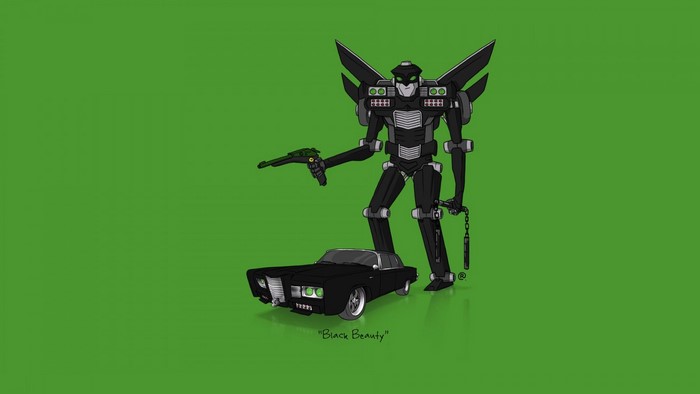 Black robot with gun and nunchucks next to a black car