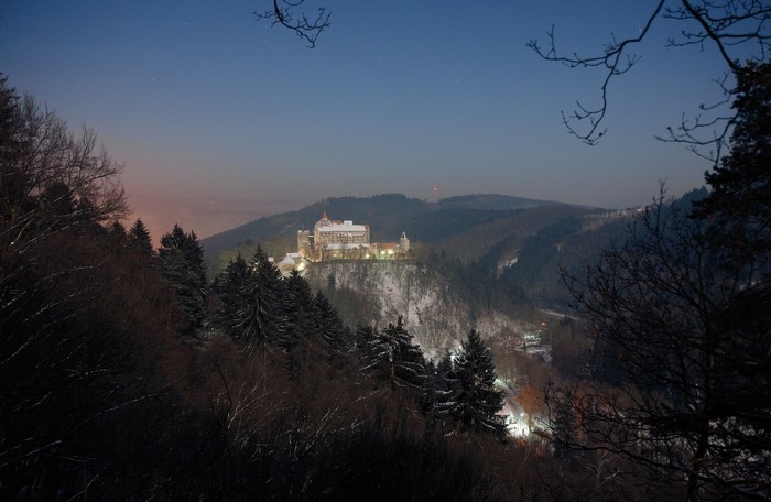 Pernstejn Castle in Czech Republic at Dusk