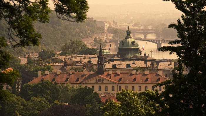 Prague cityscape with bridges over the Vltava River