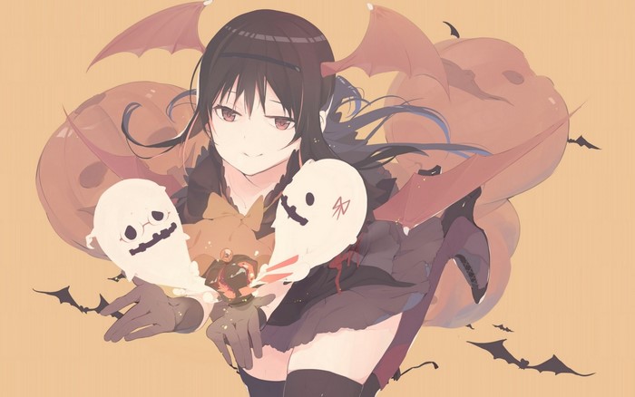 Akemi Homura from Mahou Shoujo Madoka Magica with ghosts and bats