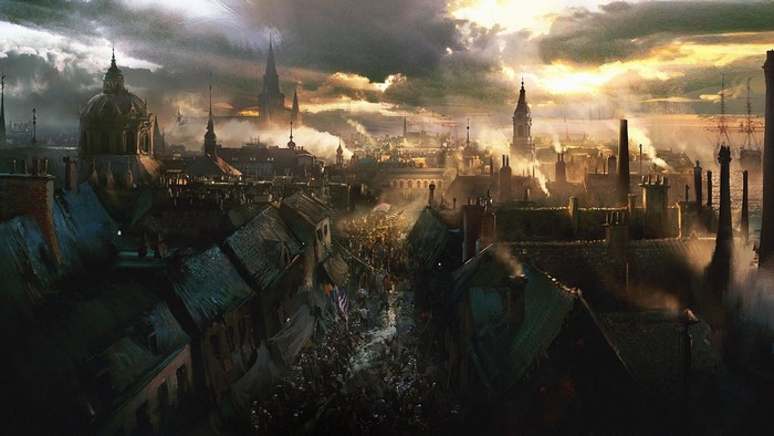Artwork of a smog-filled Victorian cityscape at dawn