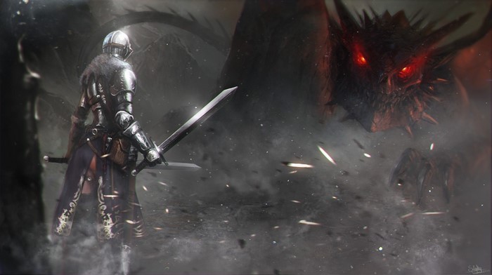 Knight facing a dragon in a dark, smoky environment