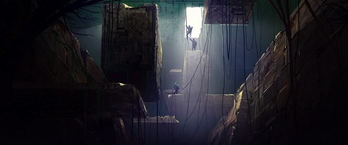 Artwork of people climbing in ancient ruins with sunlight