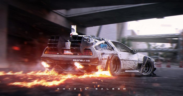DMC DeLorean Racing with Flames Under Bridge