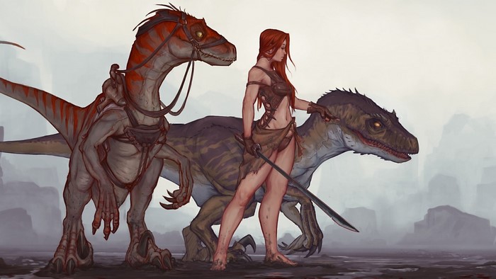 Ark Survival Evolved Warrior with Two Velociraptors
