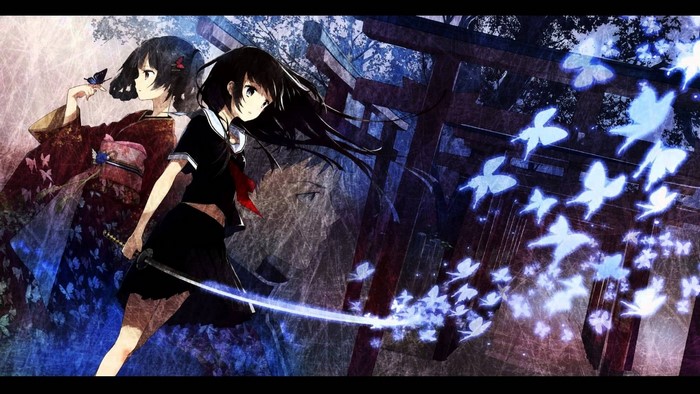 Saya Kisaragi from Blood-C with a butterfly