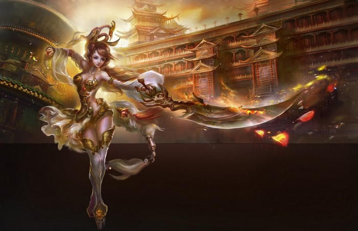 Anime girl with sword in front of traditional Asian architecture