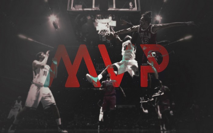 Basketball players with MVP text overlay