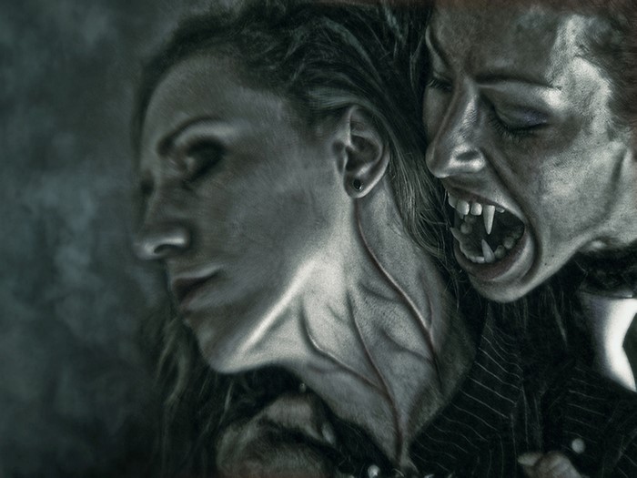 Artwork of two vampires, one biting the other