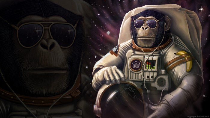 Astronaut monkey wearing sunglasses and headphones in space