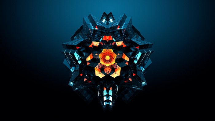 Abstract geometric 3D render with orange and blue facets