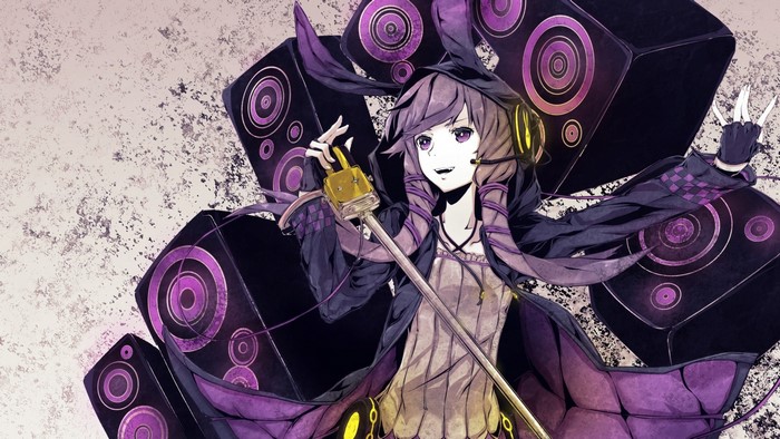 Yuzuki Yukari from Vocaloid with speakers and microphone