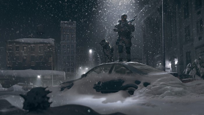 Soldier and dog in a snowy city at night