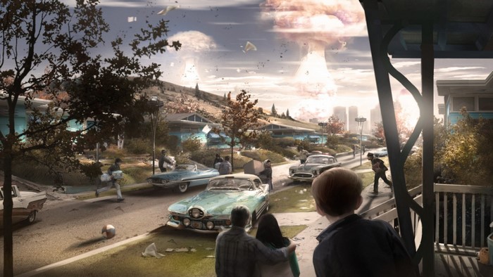 Fallout 4 apocalyptic scene with mushroom clouds