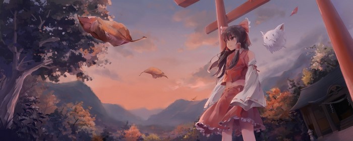 Hakurei Reimu from Touhou with a spirit in a shrine at sunset