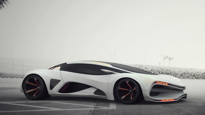 White futuristic concept sports car with orange accents