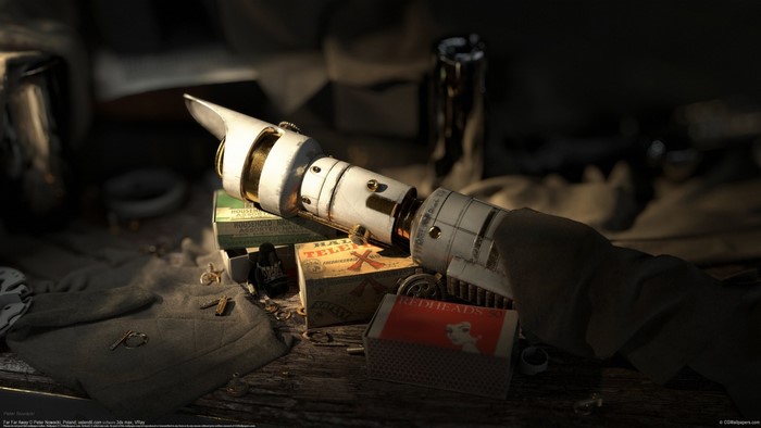 Lightsaber hilt on a table with boxes