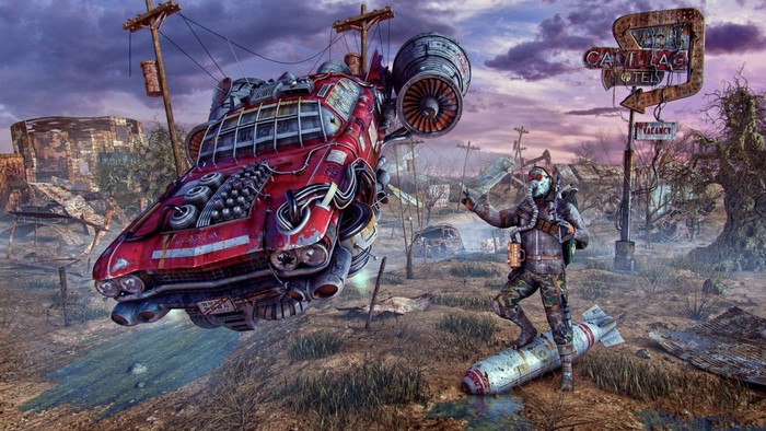 Apocalyptic scene with flying car and soldier