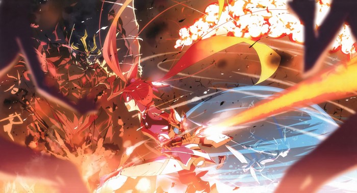 Anime girl with twintails fighting a monster