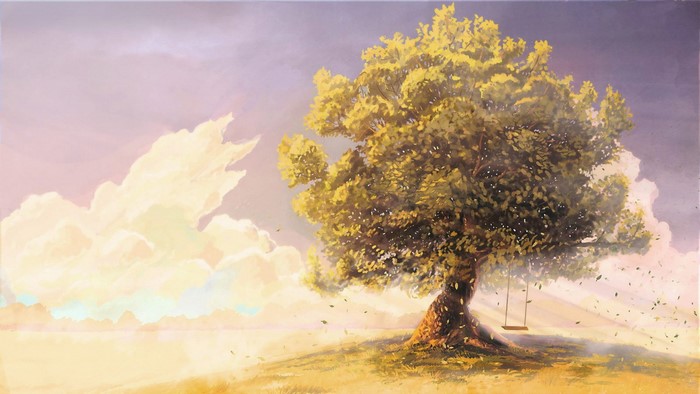 Painting of a tree with a swing at sunrise