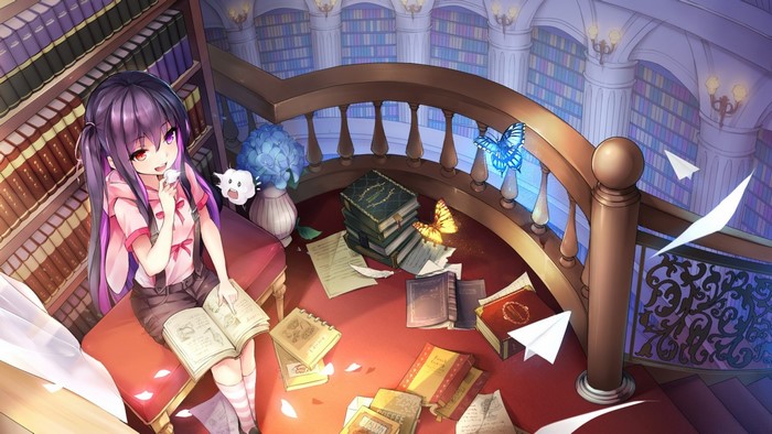 Anime girl with twintails in a library with books and butterflies