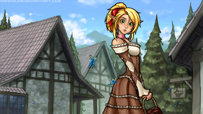 Anime elf girl in a village with butterflies
