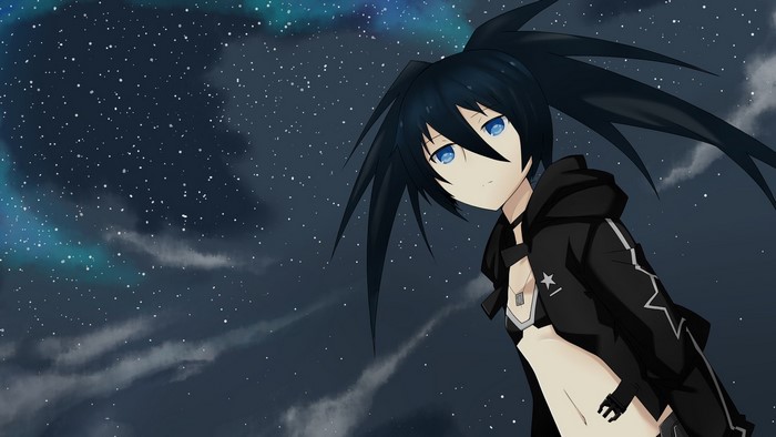 Black Rock Shooter in front of a starry night sky