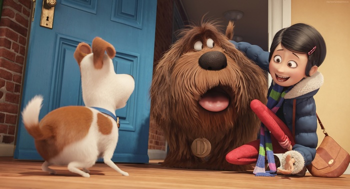 Max and Duke from The Secret Life of Pets with a girl