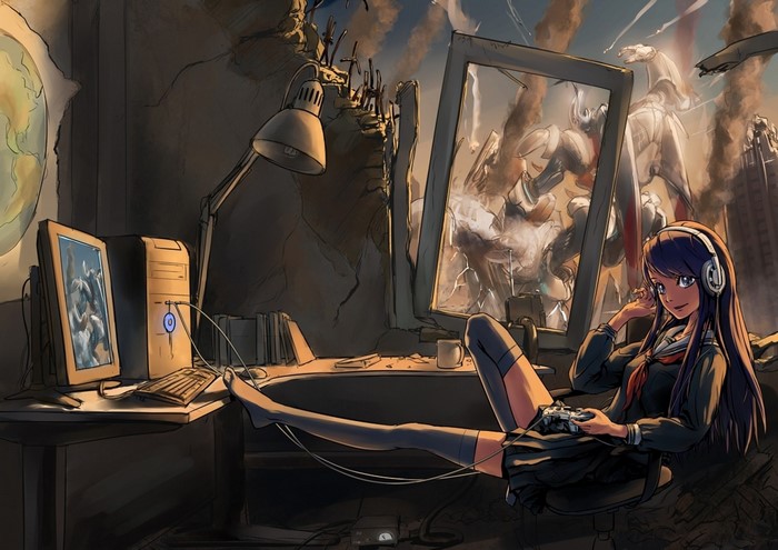 Anime girl playing video games in a destroyed city