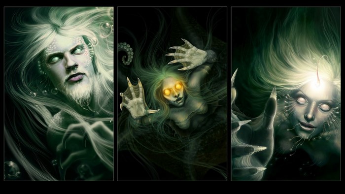 Fantasy art of three underwater mythical creatures
