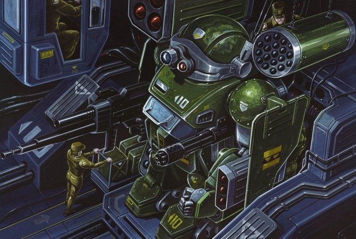 Green Armored Mech with Soldiers in a Hangar