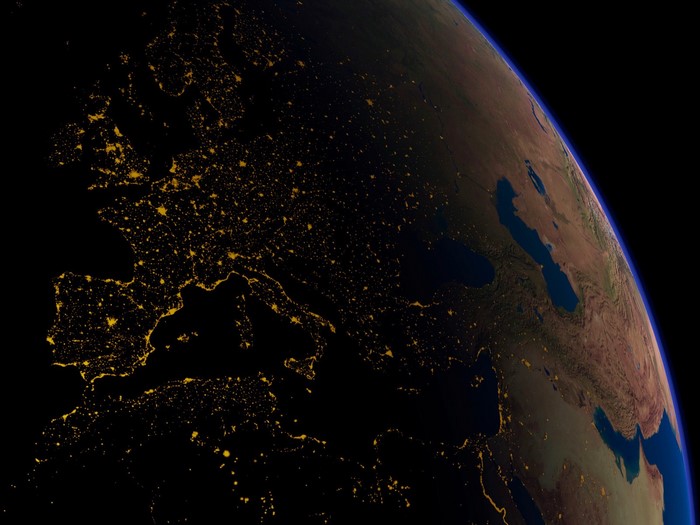 Earth at night showing lights of Europe and Asia