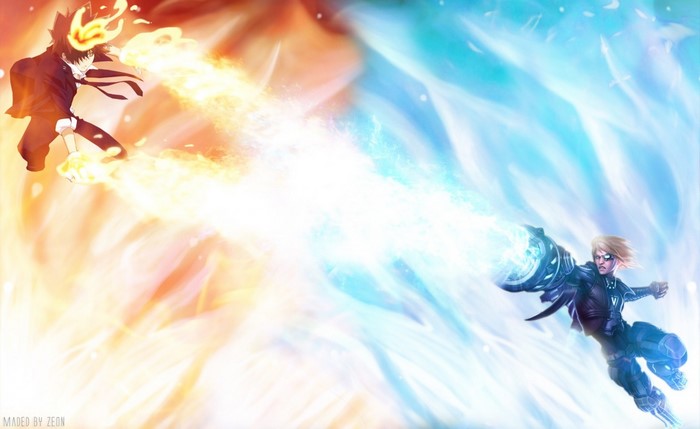 Tsuna and Ezreal clash with fire and ice powers