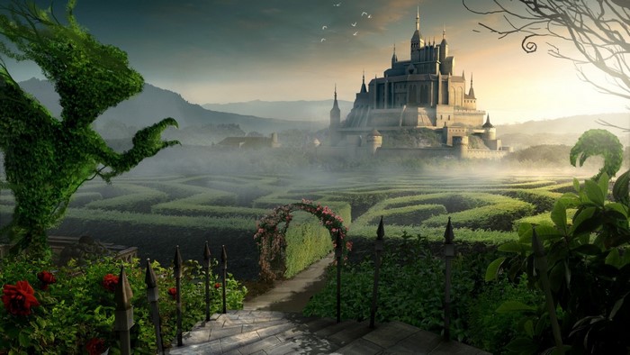 Fantasy castle and maze with topiary dragon