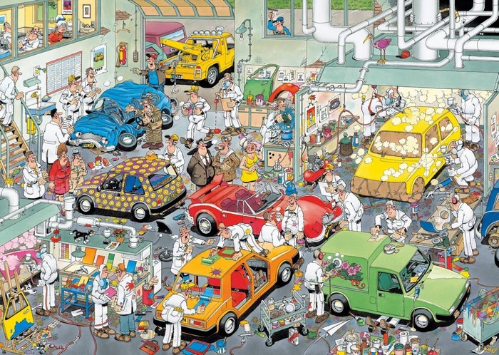 Car repair shop with workers painting and fixing cars